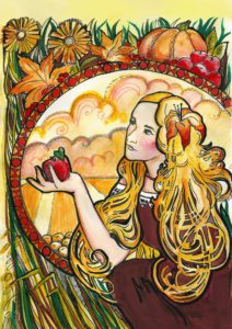 beautiful girl with blond hair sits with an apple in her hands, illustration of the Art Nouveau