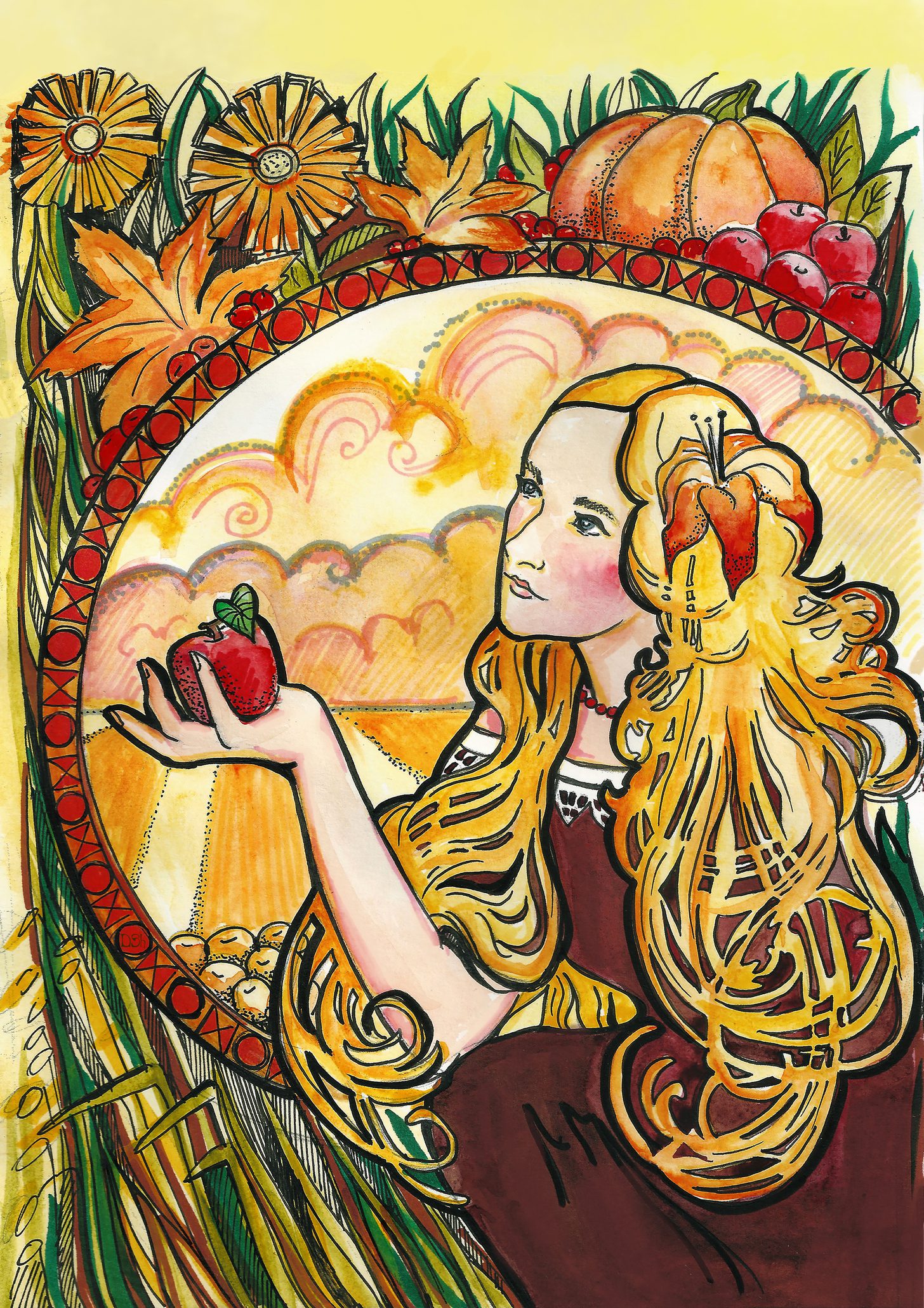 beautiful girl with blond hair sits with an apple in her hands, illustration of the Art Nouveau