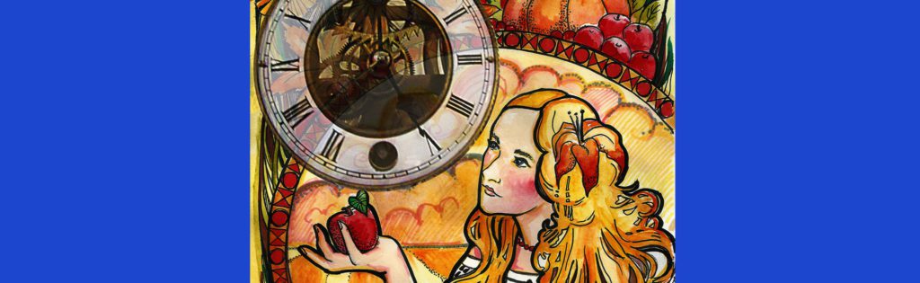 beautiful girl with blond hair sits with an apple in her hands, illustration of the Art Nouveau